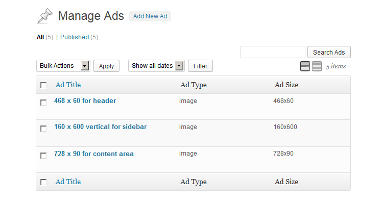 ad manager manage ads list