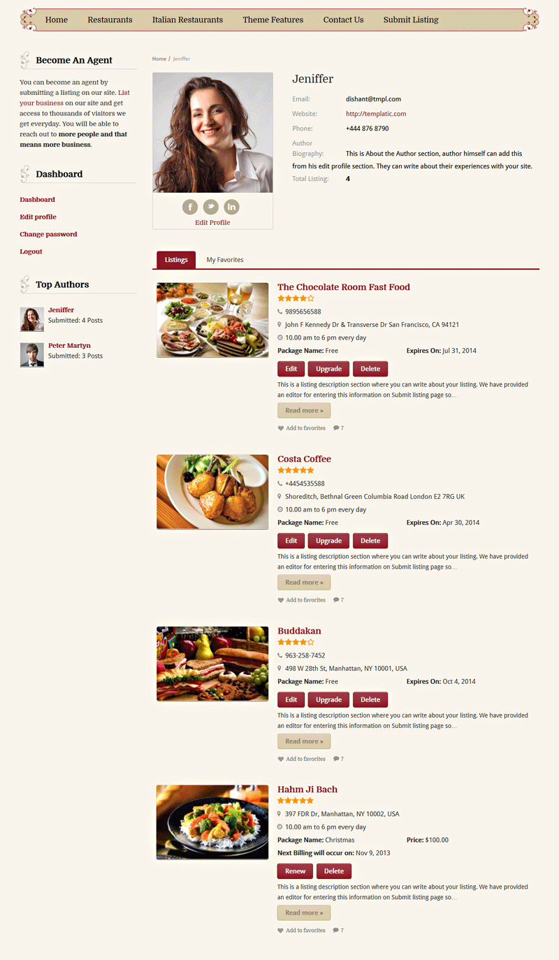 Food Reviews Theme Profile Pages
