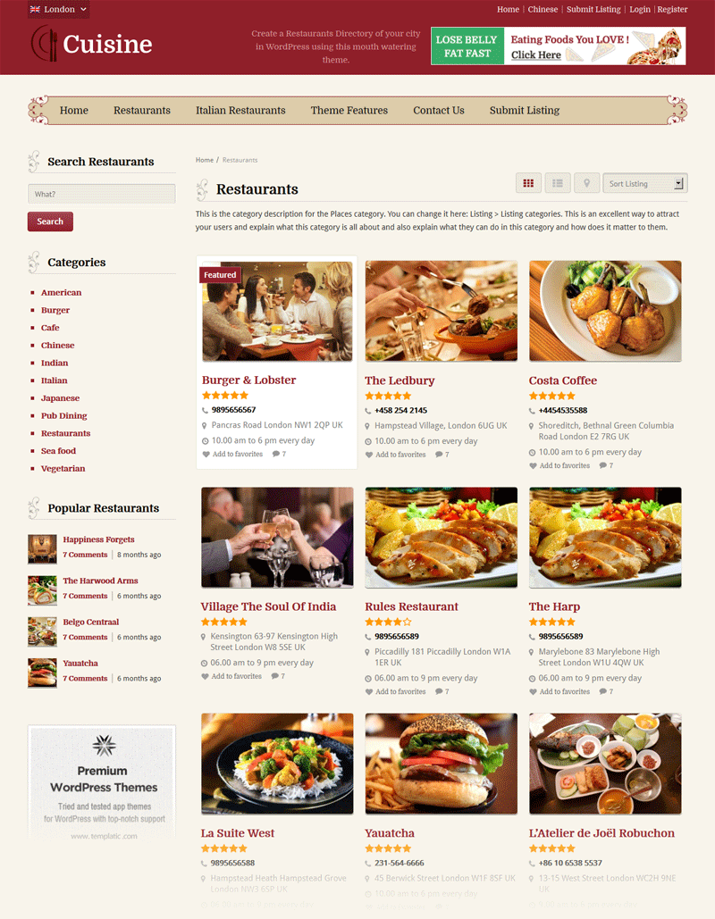 Cuisine WP Restaurant Directory Theme Categories