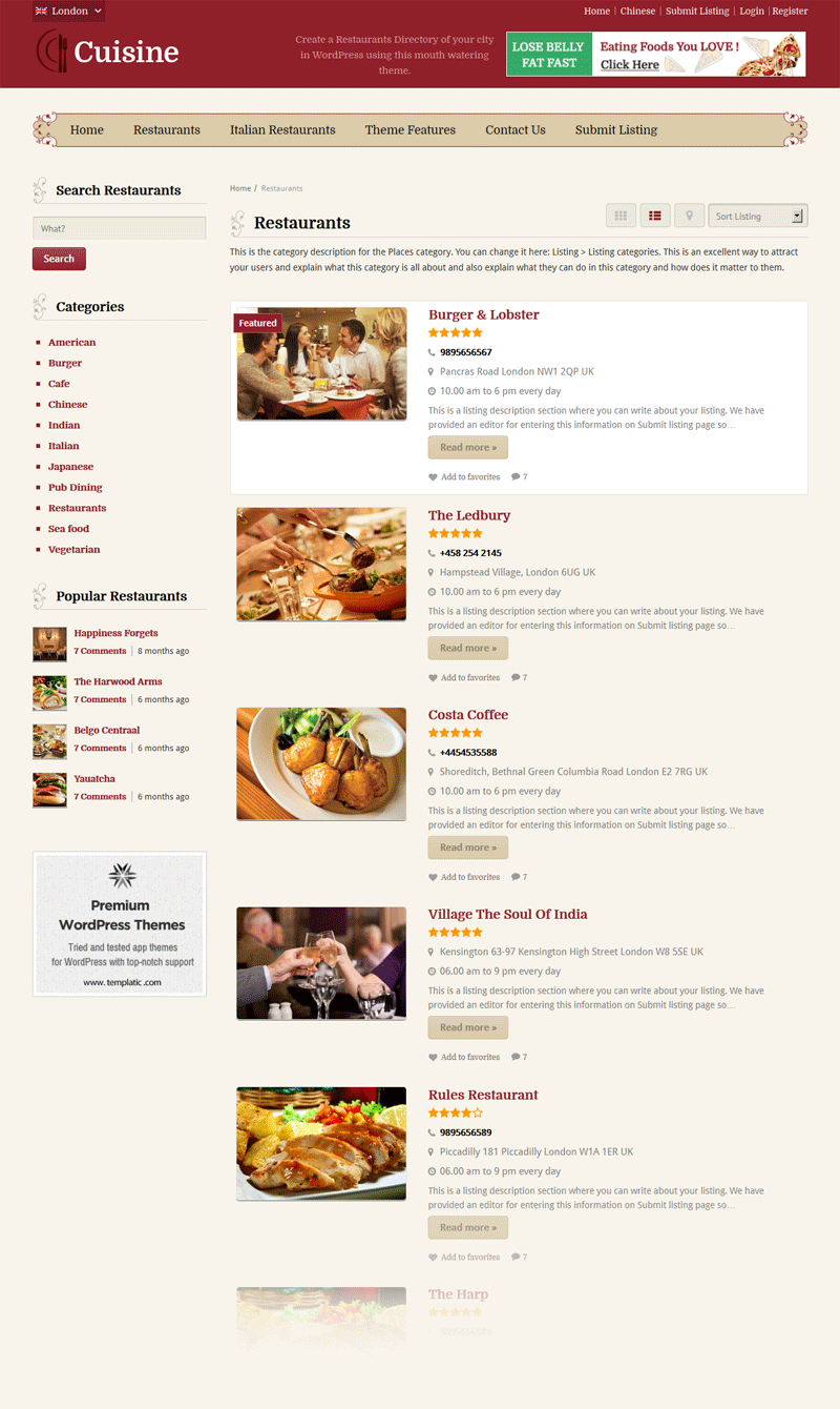 Cuisine Restaurant Directory Theme Listing Views