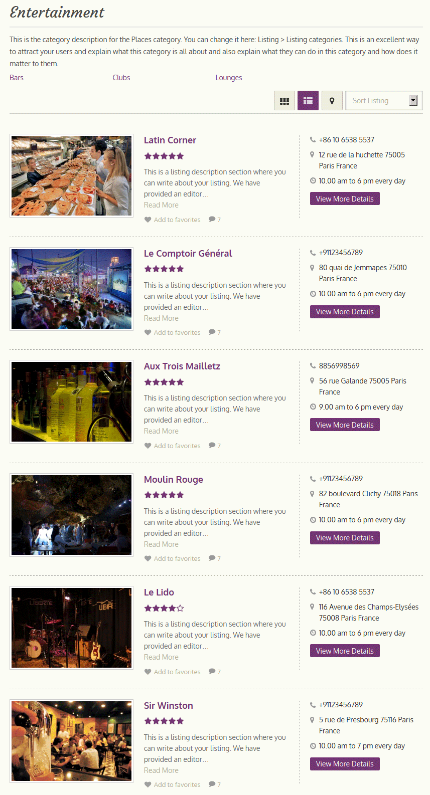 City Guide WordPress Theme List View