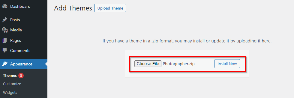 installing a photography theme