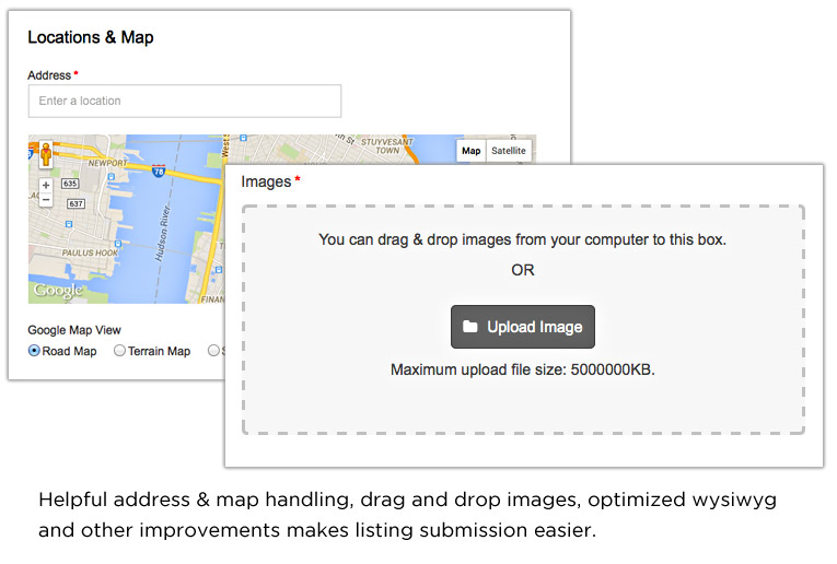 directory theme better submission process with improved map handling and drag and drop images