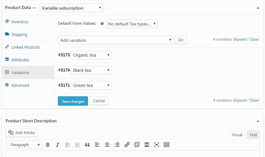 variable products WooCommerce subscriptions - Attribute values